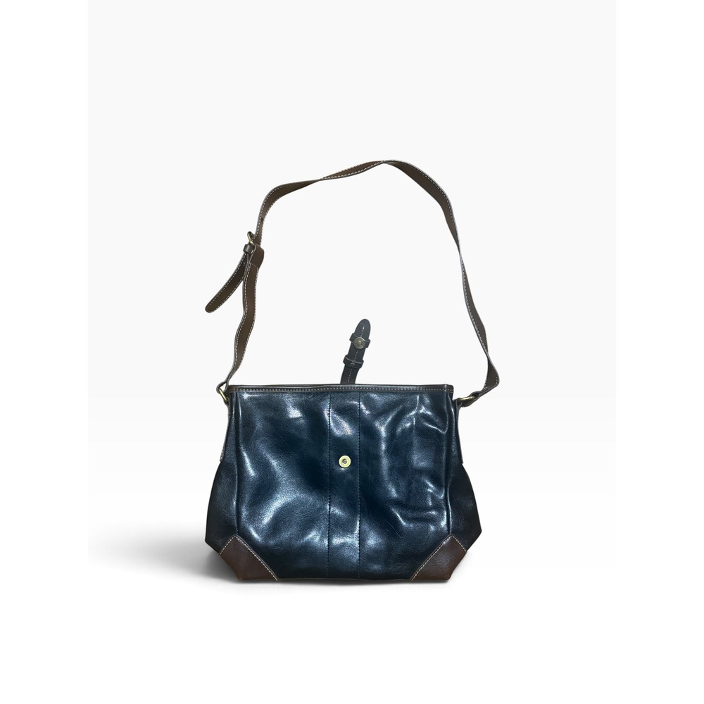 Bralic Navy Black Leather Crossbody Bag Brown Trim Adjustable Strap Classic